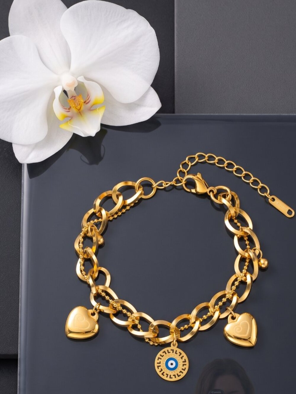 Double Chain 18K Gold Plated Heart Evil Eye Charm Bracelet Chunky Adj 6-8.5"